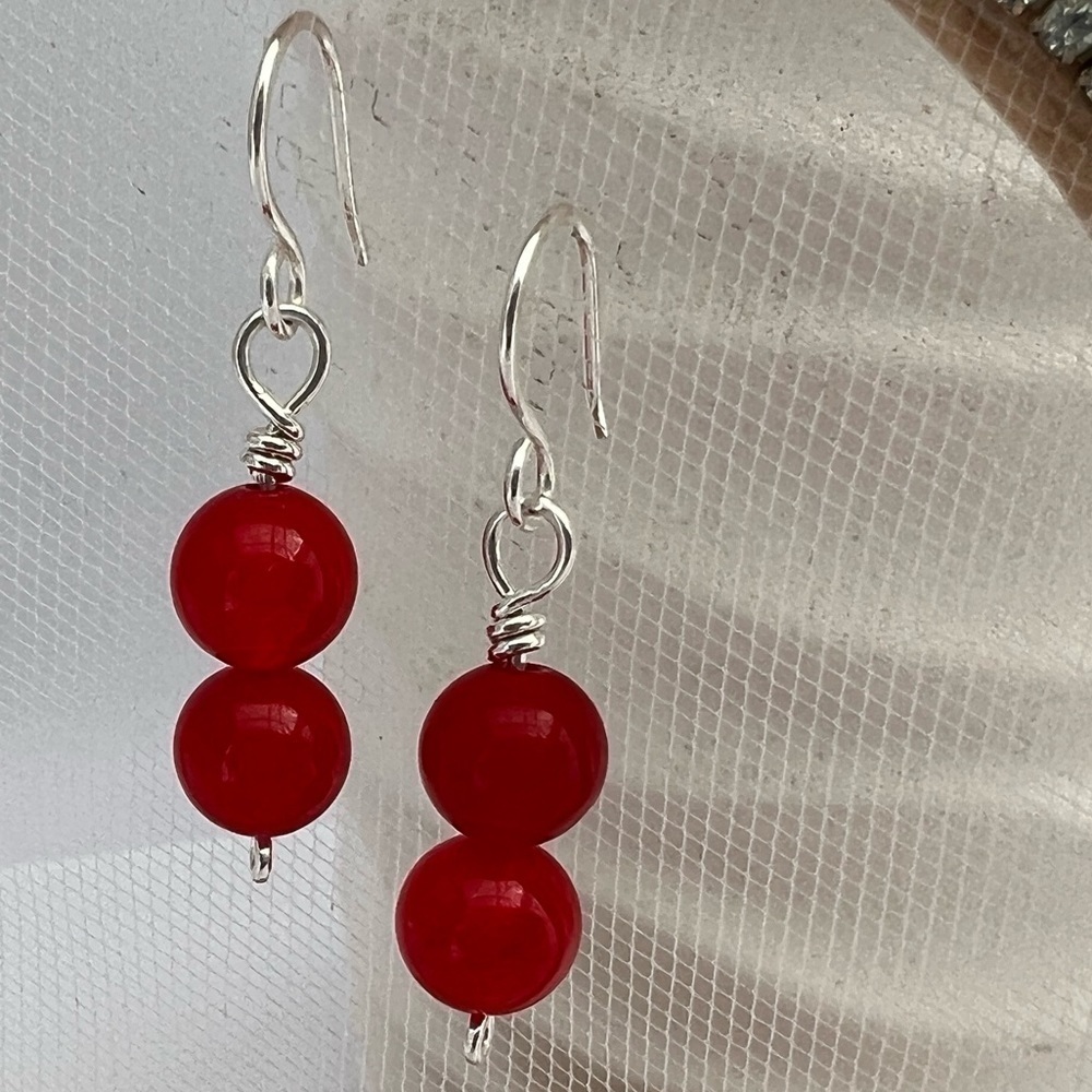 Sterling Silver Red Jade Beaded Earrings